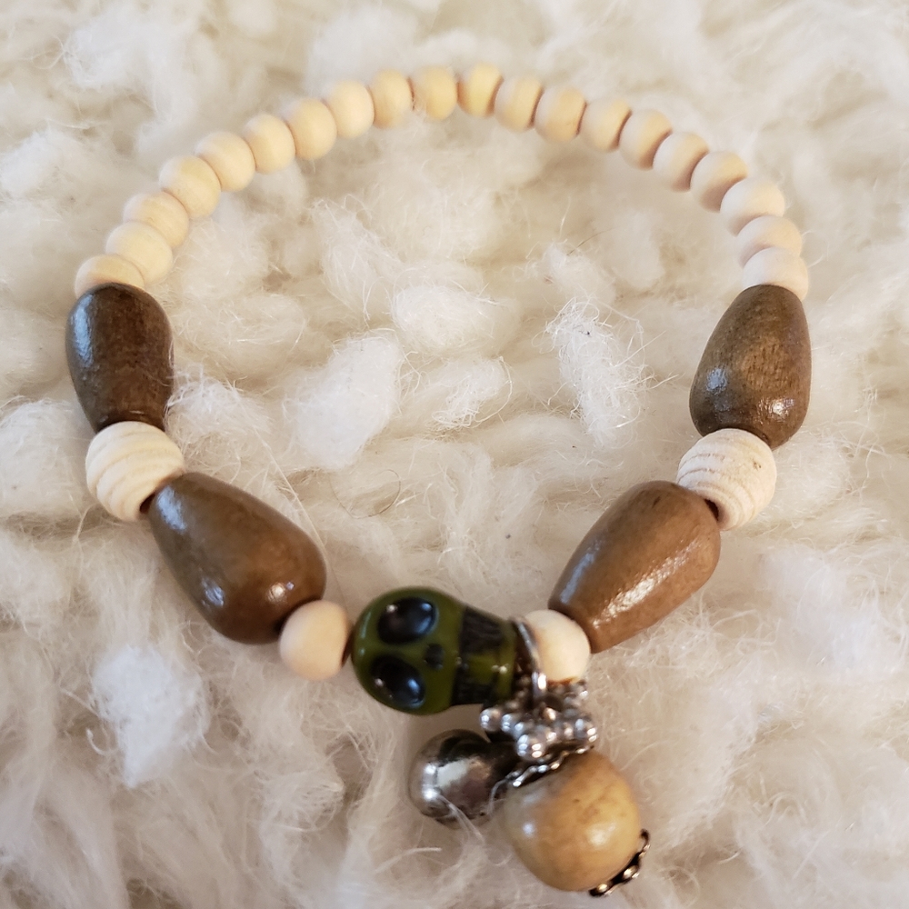 Green Skull & Wooden Beaded Bracelet with Charms